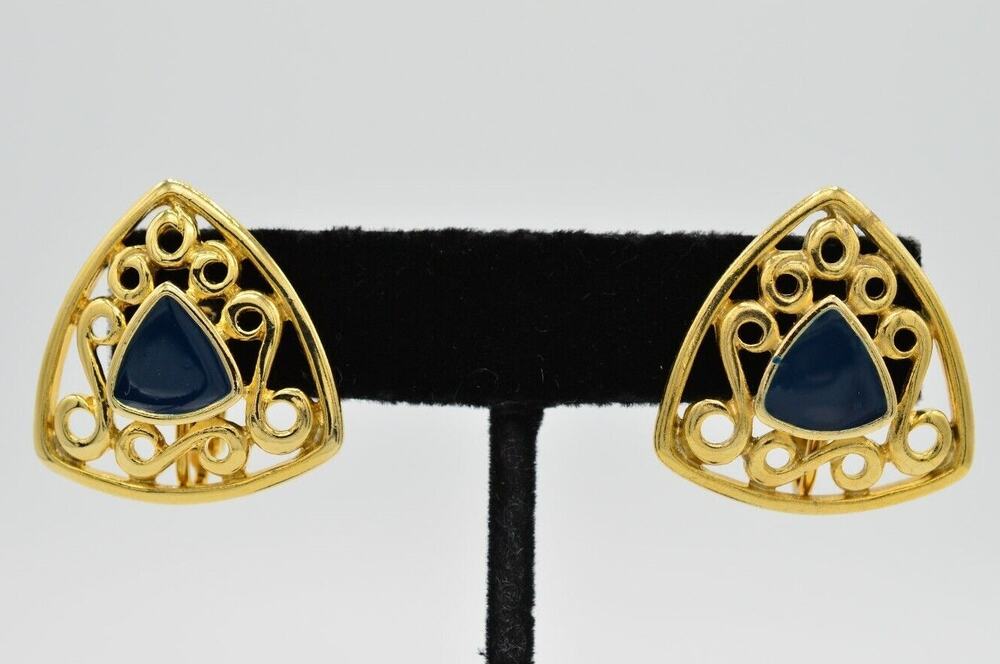 Vintage Triangle Clip Earrings Gold Tone Navy Blue Enamel Geometric NOS 1980s W4